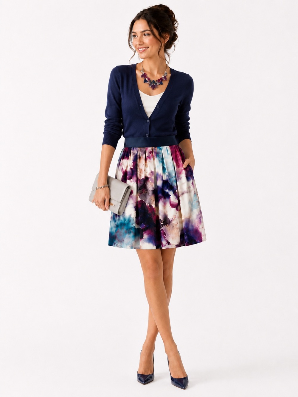 Robert Graham Inspired 100% Silk Watercolor Print Pleated Skirt